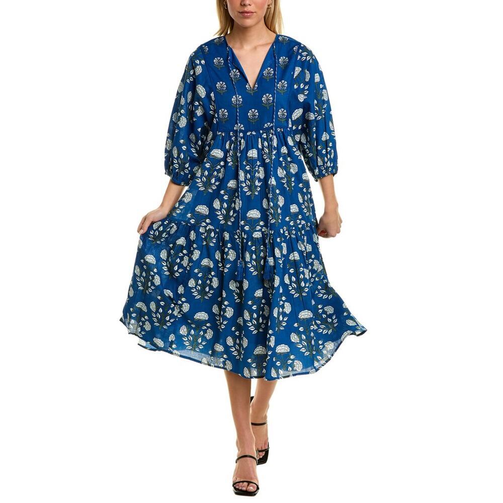 Ro's Garden Tuckernuck Vivi Midi Blue Block Print Cotton Peasant Dress Small